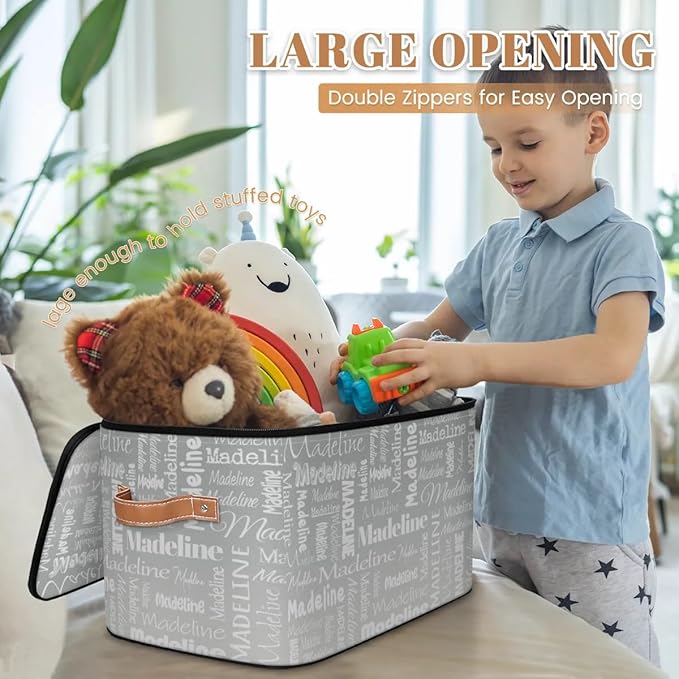 Custom Storage Basket with Name, Personalized Storage Bins with Zipper Lid, Foldable Fabric Storage Box Large capacity with Handle Grey