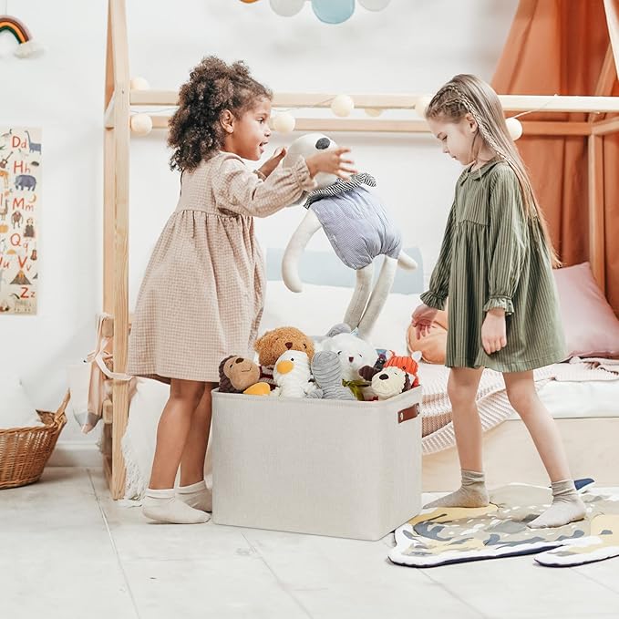 DULLEMELO 2-Pack Large Storage Baskets for Organizing 16"x12"x12" Canvas Fabric Storage Basket Bins With Leather Handles for Shelf Clothes Empty Gift Basket (Beige)