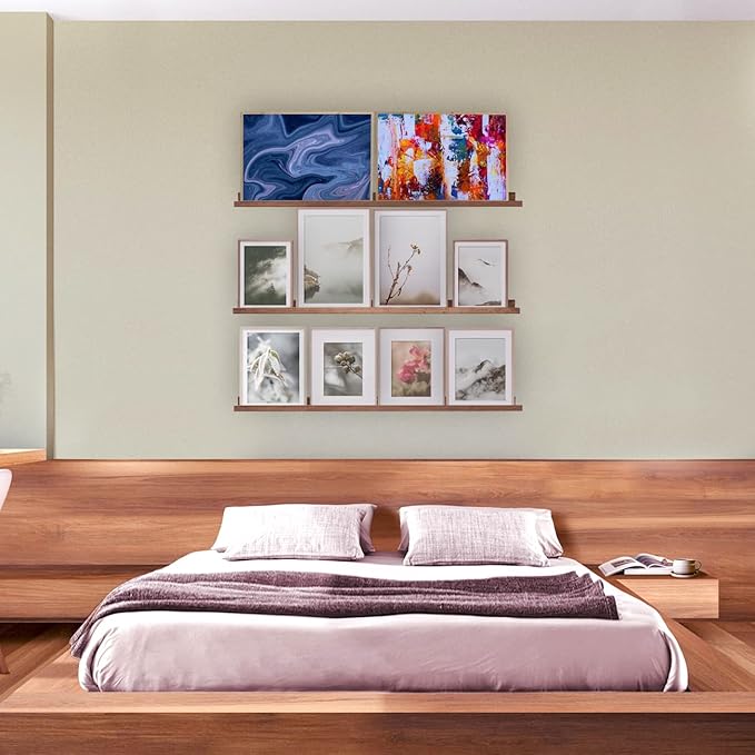 AZSKY Floating Wood Wall Shelves Light Walnut 48 Inch Long Hanging Picture Photo Ledge Shelf Rustic Modern Narrow Shelves for Wall Decor Storage and Display Nursery Book Shelves a Set of 3