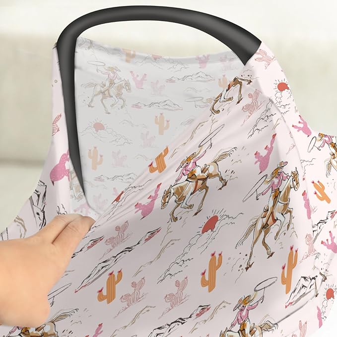 Cute Pink Cowgirl Car Seat Cover for Baby Western Cowgirls Horse Cactus Mountain Sunset Stretchy 5-in-1 Covers Adjustable Infant Carseat Canopy Cover Wild West Desert Breathable Nursing Cover-Up
