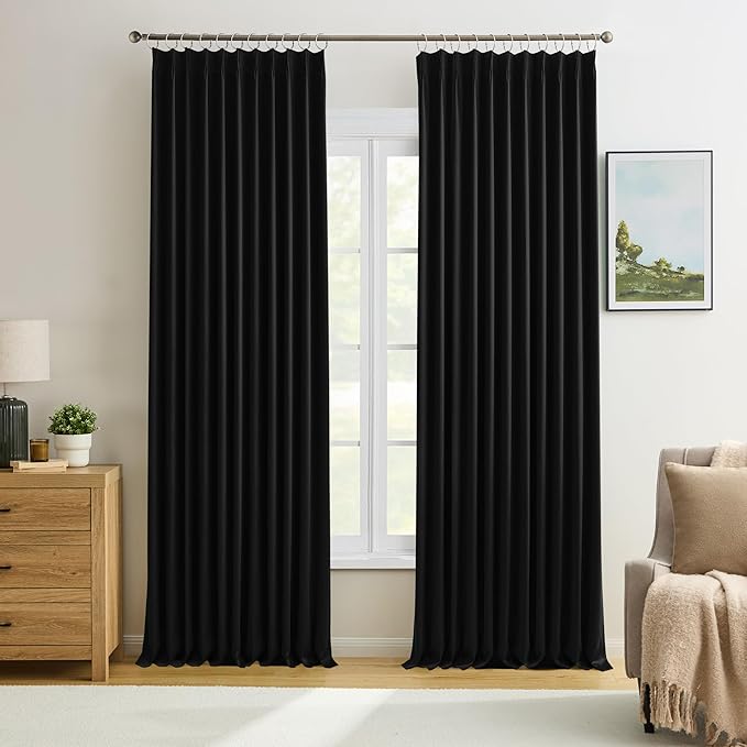 KEQIAOSUOCAI 72 Inch Wide Black Pinch Pleated Curtains 72 x 108, Thermal Insulated Noise Cancelling Living Room Office Drapes 108 Inches Long, Patio Sliding Glass Door Window Curtain 2 Panels