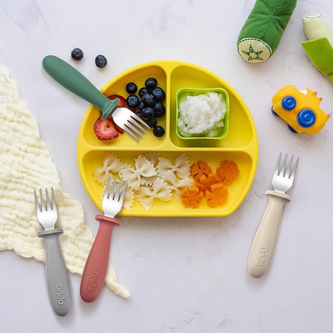 DRKIO 8 Pieces Toddler Forks Set - Baby Forks with Silicone Handle Children safe 18/8 Stainless Steel Toddler Utensils Set for Self Feeding Kids Silverware Anti-Choke Design Food Grade Dishwasher Safe