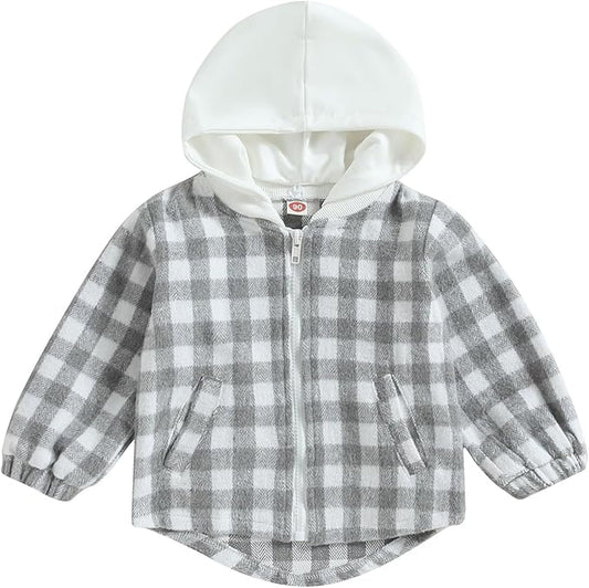 Douhoow Toddler Baby Plaid Jacket Baby Boy GIrl Flannel Hoodies Zip Up Hooded Fall Winter Outerwear Coat