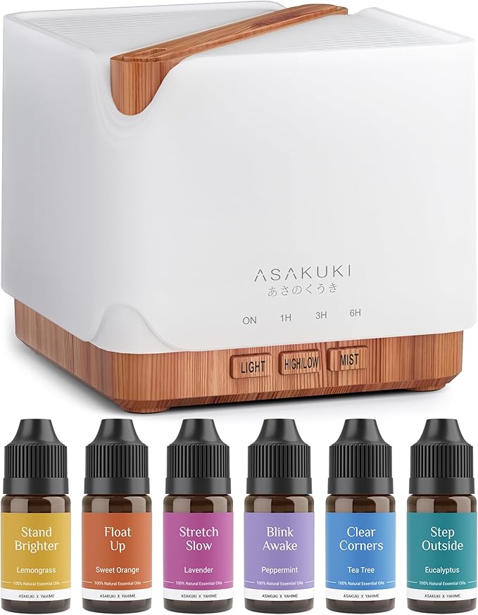 ASAKUKI Essential Oil Diffuser 700ml, Ultrasonic Aromatherapy Humidifier with Top 6 Essential Oils Set, 7 LED Colors, Timer & Auto-Off, Large Room Diffuser