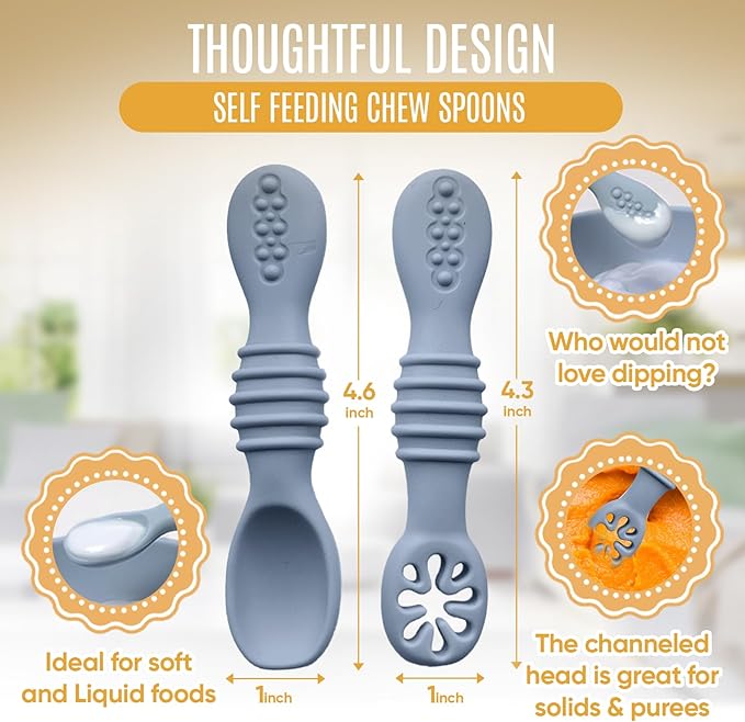 4pc Silicone Baby Spoons Self Feeding Baby Utensils 6-12 Months - 3 Baby Spoon - 1 Baby Fork - Toddler Cutlery Set - BPA Free, Dishwasher Safe - Baby Eating Essentials (Gray/Beige)
