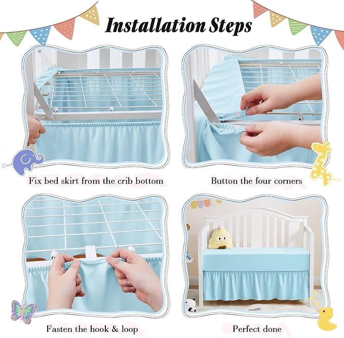Horbaunal 2 Pack Crib Skirt & Crib Bed Sheet Set, Aqua Blue Crib Bed Skirt 28" x 52" with 14" Drop Dust Ruffle, Soft Microfiber Toddler Bedskirt Nursery Bedding Skirt for Baby Girls and Boys