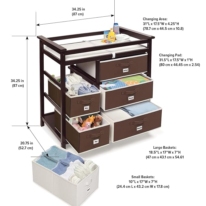 Badger Basket Modern Baby Changing Table with 6 Storage Drawers and Pad, Diaper Change Station - Espresso