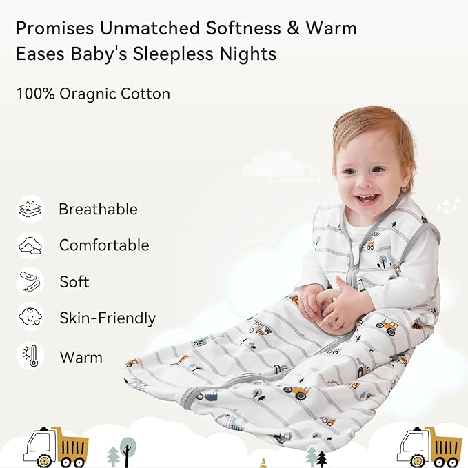 Baby Sleep Sack 0-6 Months 0.5 Tog Wearable Blanket Baby, 3 Pack 100% Cotton Lightweight Sleeping Sack with 2-Way Zipper for Newborn Infant Excavator