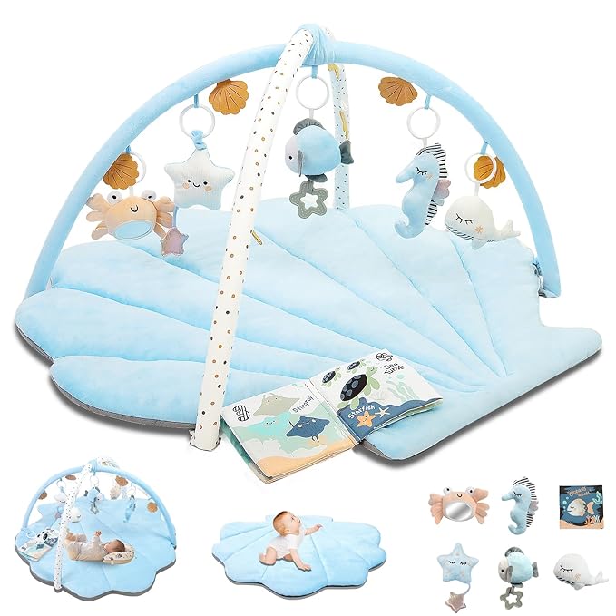 Baby Play Gym Mat, Oversize Tummy Time Activity Mat for Babies 0-6 Months, Shells Shaped Baby Play Mat with 6 Detachable Toys, Baby Mat for Floor Sensory Exploration Motor Skill Development (Blue)