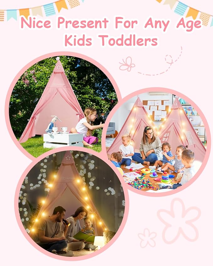 6 Pack Teepee Tent for Kids with Inflatable Airbed, Light, Toddler Tent Children Room Tents, Slumber Party Sleepover Tents, Indoor Outdoor Kids Playtent Playhouse for Girls & Boys