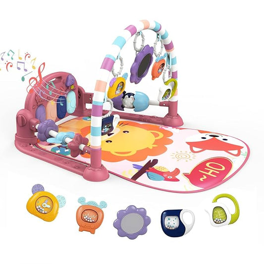 Dearlomum Play Mat and Gym - Piano Tummy Time Activity Mat With 5 Sensory Toys, Music and Lights - Gifts for Newborn 0 to 12 Months (New Pink)
