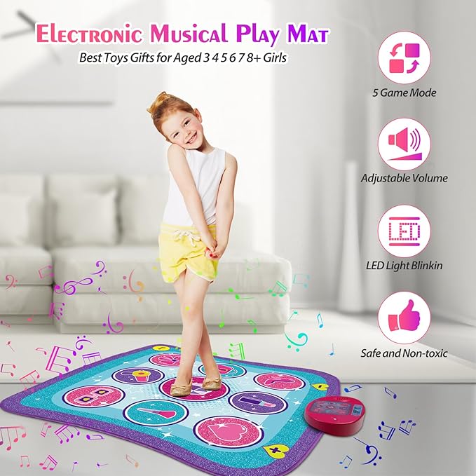Kids Dance Mat Game Toy for Girls & Boys Ages 3-12, Interactive Electronic Rhythm Dance Step Pad with Built-in Music, Adjustable Volume & Fun Light-Up Steps, Perfect Birthday & Holiday Dance Game Gift