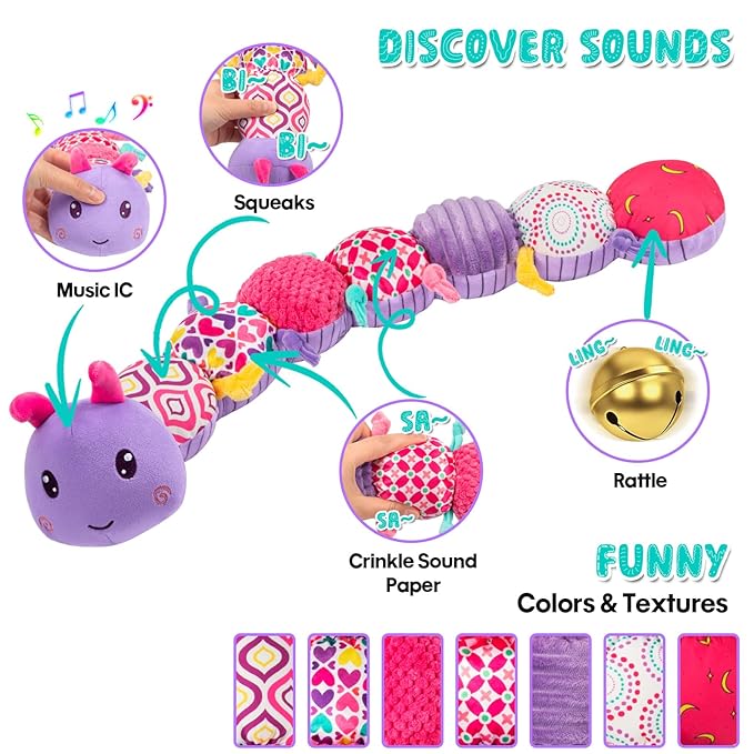 Baby Stuffed Animal Toys for 0-6 6-12 Months, Baby Musical Caterpillar Tummy Time Toys for Babies 3 6 9 12 18 Months, Newborn Infant Sensory Toys Gifts for 1 2 Year Old Boys Girls