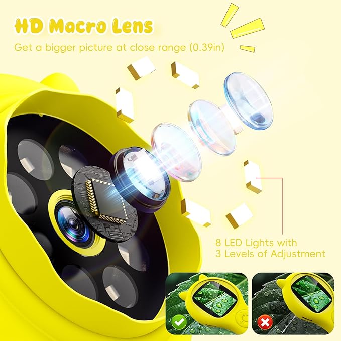 Kids Magnifying Glass Educational Science Kit - Mini LED Pocket Microscope for Kids(5-10 Years) - Durable Design - Ideal Gift for Girls (Yellow)