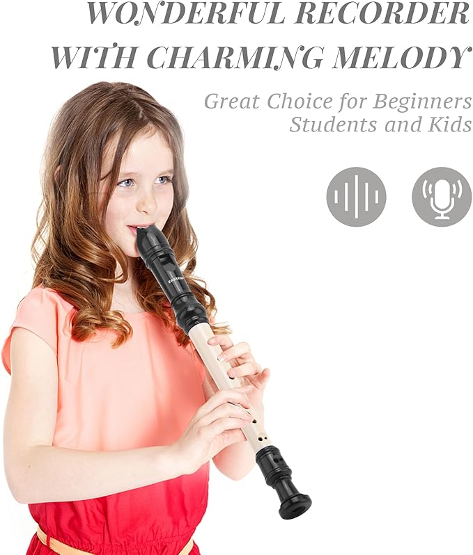 EAST TOP Soprano Recorder for Beginners, 8 Hole Plastic German Fingering Flute Recorder 3 Piece with Cleaning stick, Cotton pouch, Fingering Chart, Colorful box (Black&Ivory)