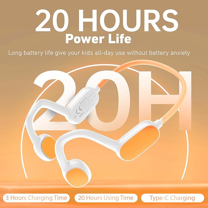 Kids Headphones, Bluetooth 5.2 Air Conduction Open Ear Headphones, 85dB Volume Limiting, Stereo Sound with Mic, IPX5 Waterproof, 20H Playtime, Perfect for School and Outdoor Activities-White