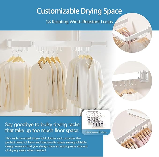 Clothes Drying Rack Wall Mounted,Space Saving Wall Drying Rack,Retractable Collapsible Tri-Fold,for Bathroom,Balcony,Outdoor lndoor with Laundry,White