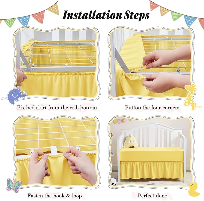 Horbaunal 2 Pack Set Crib Skirt & Crib Bed Sheet, Yellow Crib Bed Skirt 28" x 52" with 14" Drop Dust Ruffle, Soft Microfiber Toddler Bedskirt Nursery Bedding Skirt for Baby Girls and Boys