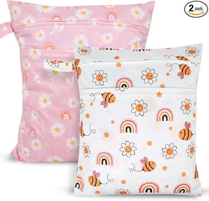 2pcs Travel Waterproof Laundry Bag, Cloth Diaper Wet Dry Bags with Handle & 2 Zipper Pockets, Reusable Washable Dirty Clothes Bag for Baby Adult Travelling Hanging, Bathing Beach Pool Daycare