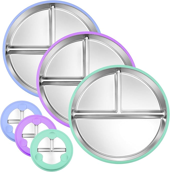 3-Pack Stainless Steel Baby Plates with Suction, BPA-Free Stainless Steel Kids Plates, 9” Divided Toddler Plate for Dishwasher Safe, Non-Slip Silicone Base, Detachable (Blue, Green, Purple)