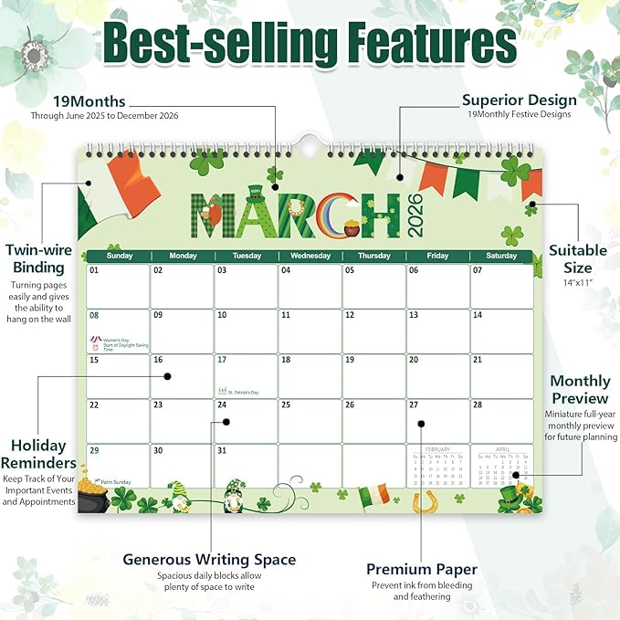 GuassLee Wall Calendar 2025-2026, 19 Months Running from Jun. 2025 to Dec. 2026, 14" X 11" Paper Hanging Planner Wall with Thick Paper for Office Home Planning & Organizing