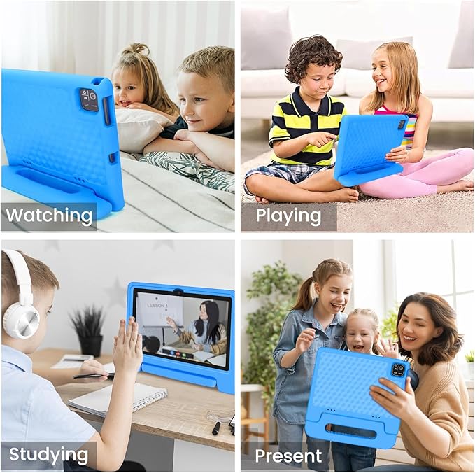 Kids Tablet 10.1 inch Android 14 Octa-Core 64GB 6000mAh Kids Space Parental Control 1280 * 800 HD Touchscreen Shockproof Case Dual Camera Gift for Toddler Children (Blue)
