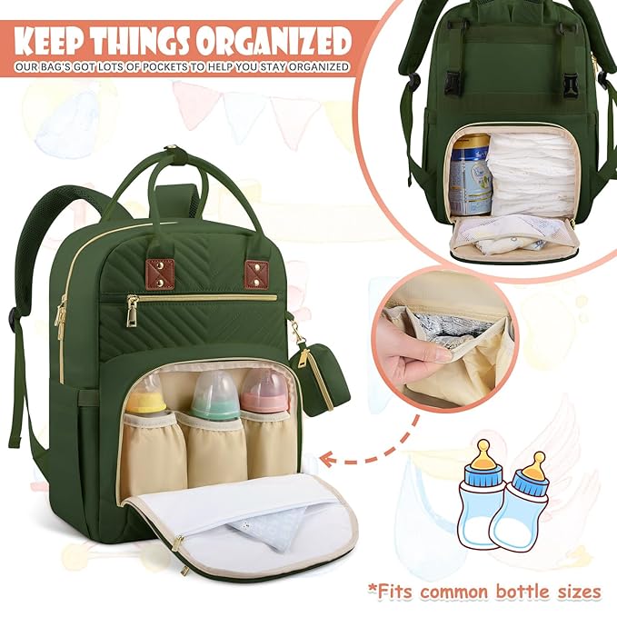 Baby Diaper Bag Backpack, Travel Diaper Bags for Girl Boy Large Capacity Baby Bag Backpack for Women Army Green