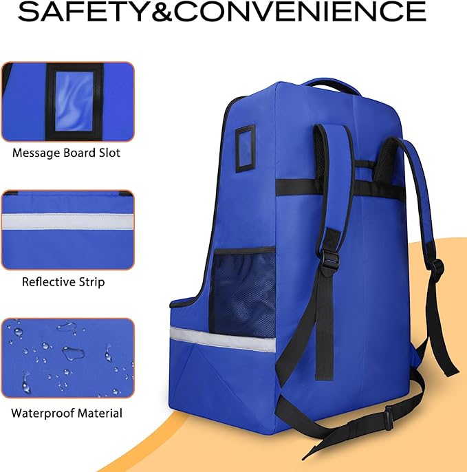 Car Seat Travel Bag for Airplane, Infant Seat Carrier with Shoulder Strap, Padded Backpack with Reflective Stripes, Blue