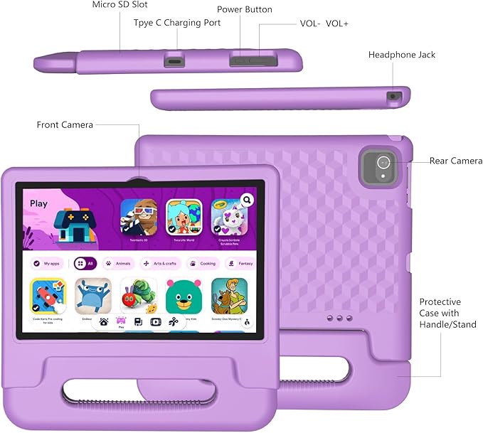 Kids Tablet 8GB+64GB, 10 Inch Android 14 Tablet for Kids 6000mAh with Case, WiFi 6, Bth 5.2, Dual Camera, GPS Pre-Installed Parental Controls, Kids Space & Family Link Great Gift for Toddler Children