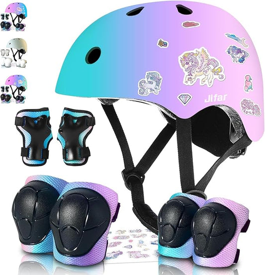 Adjustable Kids Bike Helmet with Knee & Elbow Pads Set, Color Gradient Design for Boys and Girls Aged 3-14+, for Skateboarding, Scooter, Roller & Inline Skating, Longboard