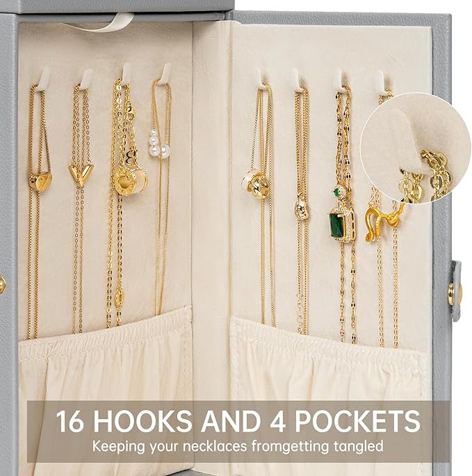 AKOZLIN 6-Tier Jewelry Box Organizer Functional 5 Drawers Leather Jewelry Storage Case for Women Girls Ring Necklace Earring Bracelet Holder Organizer with Mirror Grey