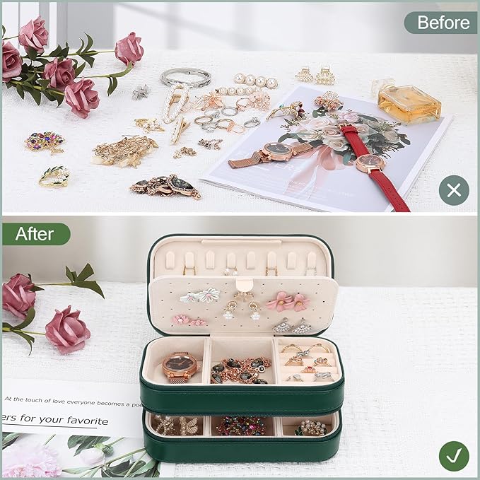 DesignSter Small Travel Jewelry Box with Double Zipper, 2 Layers PU Portable Jewelry Case for Women and Girls,Travel Jewelry Organizer for Rings, Earrings, Necklaces, Bracelets,Dark green