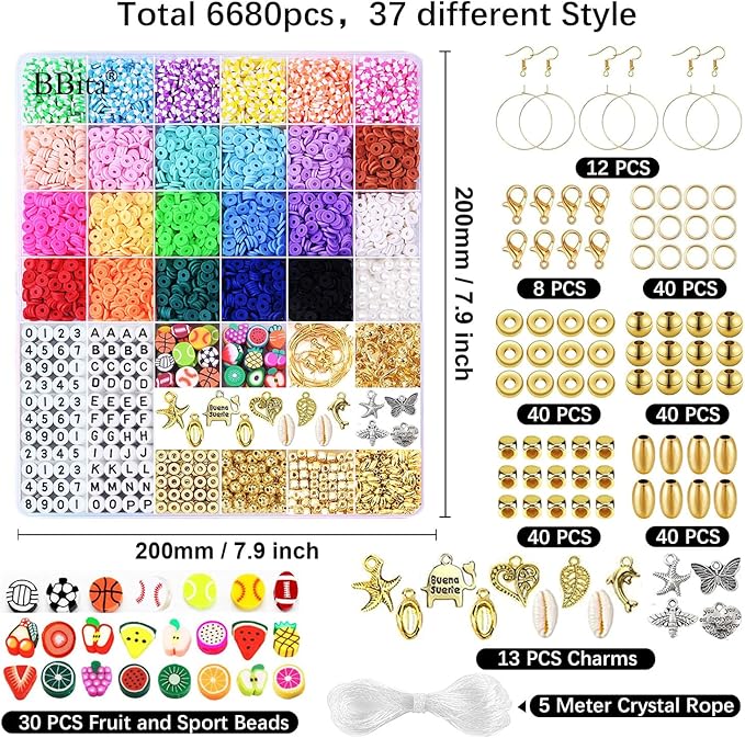 BBita 6680Pcs Clay Beads Bracelet Making Kit, Flat Preppy Beads for Friendship Bracelets, Polymer Clay Beads with Charms for Jewelry Earrings Necklaces Making Kit, Crafts Gifts for Girls Ages 6-12