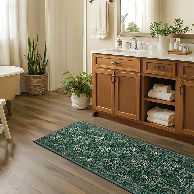 Joydeco Washable Runner Rug Non Slip, Floral Kitchen Carpet Runner 2x6, Soft Low-Pile Botanical Forest Indoor Floor Door Mat for Hallway Bathroom Entryway Laundry Room, Dark Green