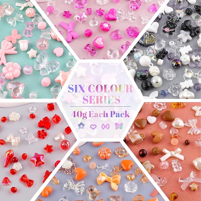 Assorted 260-320PCS Acrylic Beads for Bracelet Making, Flower Bow Butterfly Candy GummyBear Kawaii Aesthetic Beads,Cute Bead for Jewelry Making DIY Necklace Keychain Phone Charms(6 Colors)