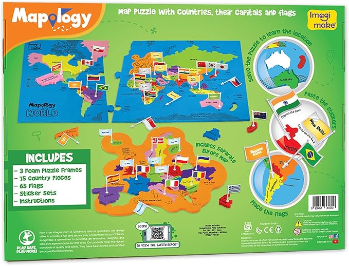 Imagimake Mapology World Map Puzzle - Includes Country Flags & Capitals | Fun Jigsaw Puzzle Kids Ages 5-8 | Educational Toys for Ages 8-13 | Geography Gifts for Girls & Boys 5, 6, 7, 8, 9, 10, 11, 12