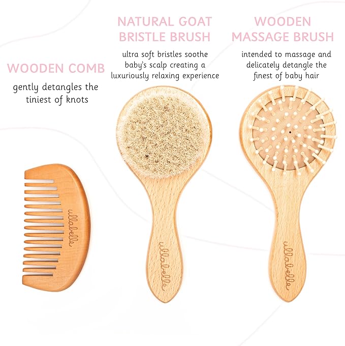 3 Piece Wooden Baby Hair Brush and Comb Set for Newborns & Toddlers in Chic Gift Box - Ultra Soft Natural Goat Hair and Wood Baby Brush Set Prevents Cradle Cap - Perfect Registry Gift (Sage)