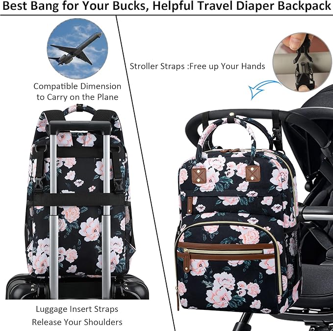 Diaper Bag Backpack Tote for Women Large Capacity with Insulated Pockets Multifunctional Diaper Bags For Baby Girl Boy Waterproof Baby Bags, Maternity Bag Black Pink Floral