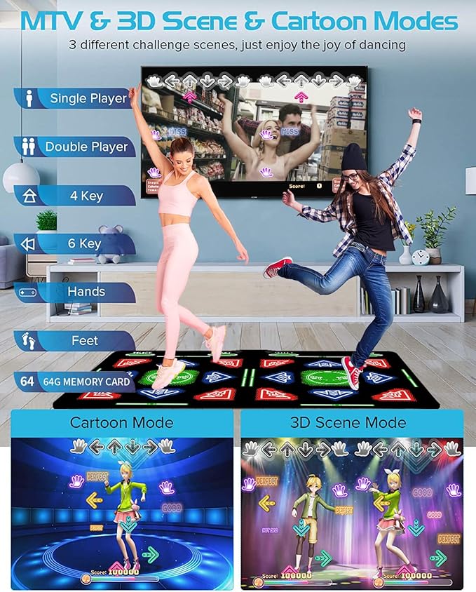 HDMI Dance Mat 64GB Storage, 1000 Games,885 Songs,81 MTV Videos.Dance pad Combines Dance, Yoga, Aerobics, Running, Sports, and Puzzle Games A Prestigious Gift for Boys & Girls. Flannel Material