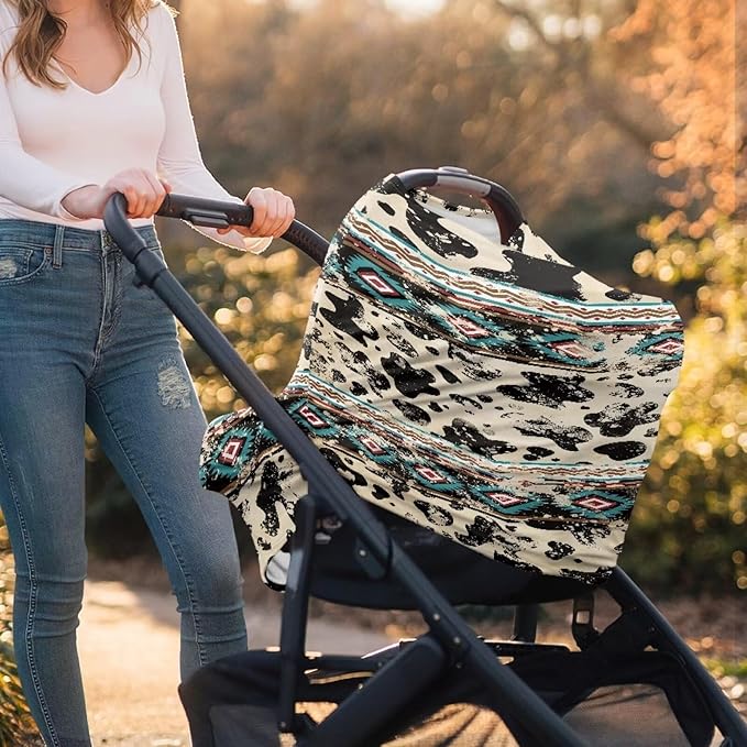 Binienty Aztec Cow Print Nursing Cover for Newborns Girls Boys, Stretchy Breathable Baby Car Seat Covers Infants Canopies
