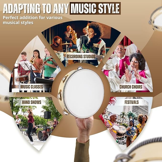 Flexzion Wood Handheld Tambourine for Adults 8-Inch Double Row 8-Pair Jingles (Wood) - Percussion Round Tamborines Musical Instrument with Metal Zills