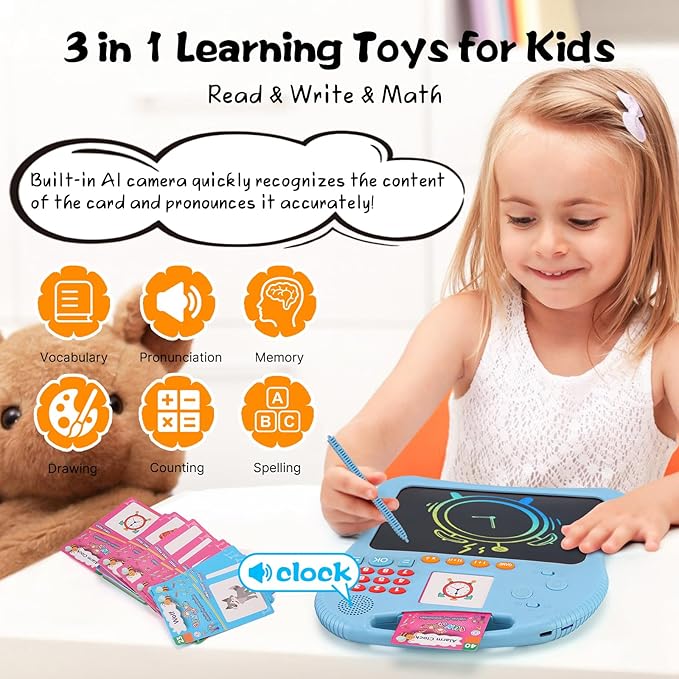 Kids Educational Learning Toys with Math Games,Talking Flash Cards and Writing Drawing Tablet, Speech Therapy Autism Sensory Toys Gifts for Toddler Preschool Activities Boys Girls Ages 3-10 (Blue)