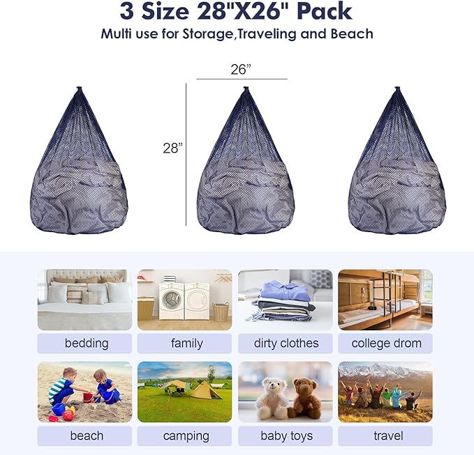 3Pcs Mesh Laundry Bags Washing Machine Mesh Wash Bags Jumbo for Delicates Clothes,Bed Linen,Toys with Drawstring Closure Sturdy(3 XXLarge 28 x 26 Inches, Blue)