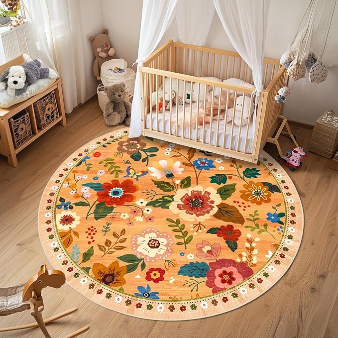 Floral 8ft Area Rug Machine Washable Soft Print Boho Carpet Non Slip Doormat Low Pile Flower Area Rugs for Living Room Bedroom Nursery Kitchen Dining Room Indoor-Yellow/Orange