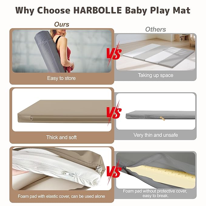 Baby Play Mat 47x47 Inches, Extra Thick 1.2" Foam Floor Mat for Tummy Time & Crawling, Waterproof Non-Slip Faux Leather Playpen Mat for Infants Toddlers, Indoor Outdoor Gym Activity, Brown