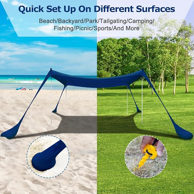COMMOUDS Beach Tent Sun Shelter - UPF50+ Pop Up Beach Canopy with Sandbags & Sand Shovel & Windproof Poles, Portable Sun Shade for Beach, Camping, Picnics, Backyard