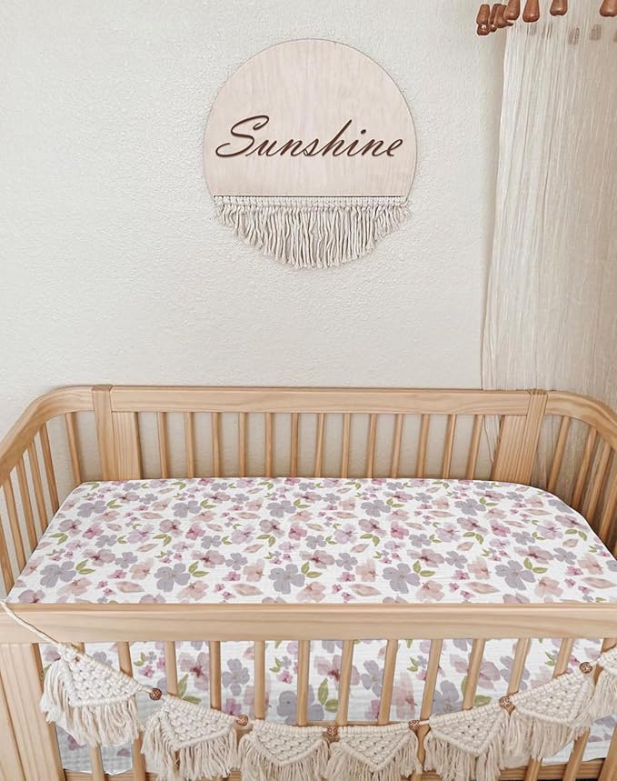 Bassinet Sheet for Baby Boy and Girl 2 Pack, Fitted Sheets for Rectangle, Oval, Hourglass Bassinet Mattress, Muslin Moses Basket Sheets with Neutral Style (Purple Petals & White)