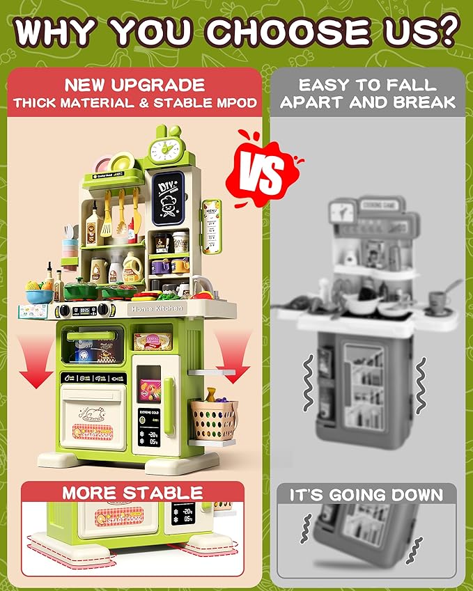 33.8IN Kids Kitchen Playset, 70PCS Kid Play Kitchen with Realistic Lights & Sounds, Spray Sink Toy Kitchen Accessories, Pretend Food Toys Kitchen for Boys Girls Toddlers(Green)