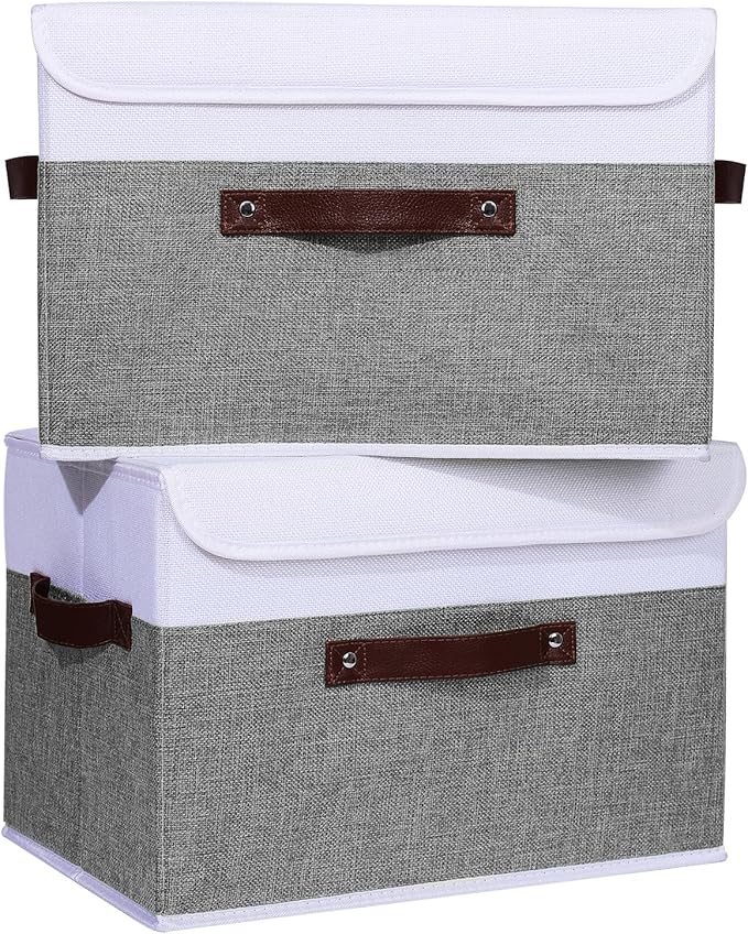 ANMINY 4PCS Storage Boxes with Lid Washable Decorative Storage Bins Basket with PU Leather Handle Foldable Linen Fabric Storage Cubes Containers for Home Closet Organizer - Gray White, Large Size