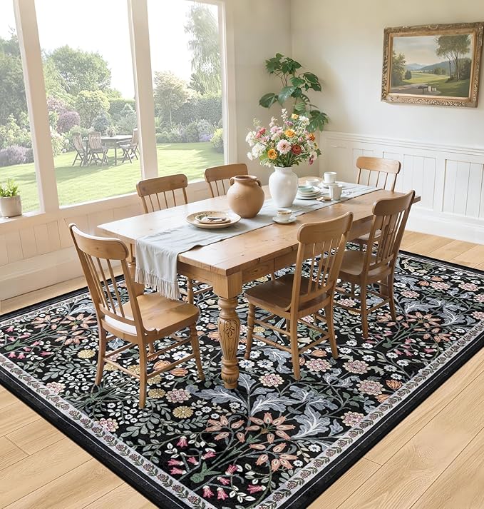 Area Rugs 9x12 Living Room: Floral Washable Rug Vintage Large Soft Boho Non-Slip Carpet Indoor Stain Resistant Low Pile Carpets for Bedroom Dining Room Farmhouse Nursery Hallway Home Office Dark Black